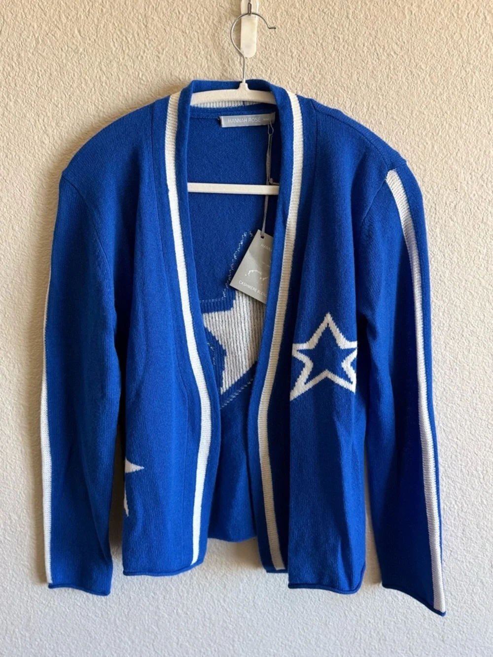 NWT Hannah Rose Merino Wool & Cashmere Open Front Cardigan Blue & White Medium - Picture 1 of 8